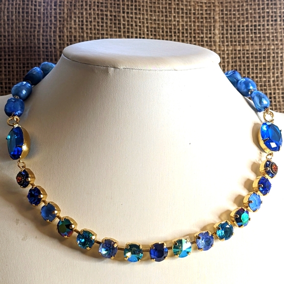 Dark Blue Metallic AB Crystal & Blue Baroque Pearl Statement Necklace - Picture 2 of 9